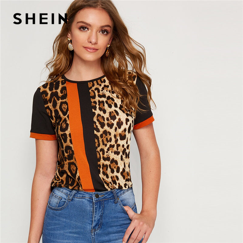 O-NECK LEOPARD STRIPED SHORT SLEEVE