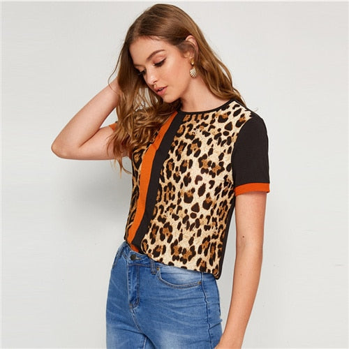 O-NECK LEOPARD STRIPED SHORT SLEEVE