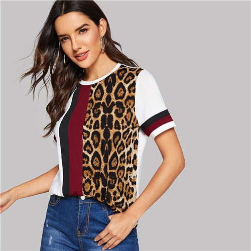 O-NECK LEOPARD STRIPED SHORT SLEEVE