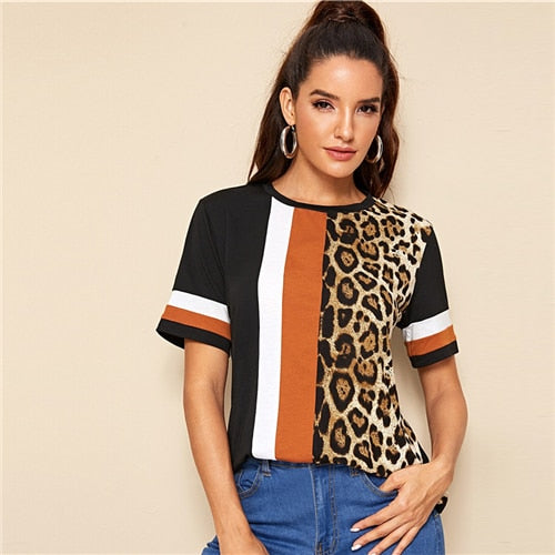 O-NECK LEOPARD STRIPED SHORT SLEEVE