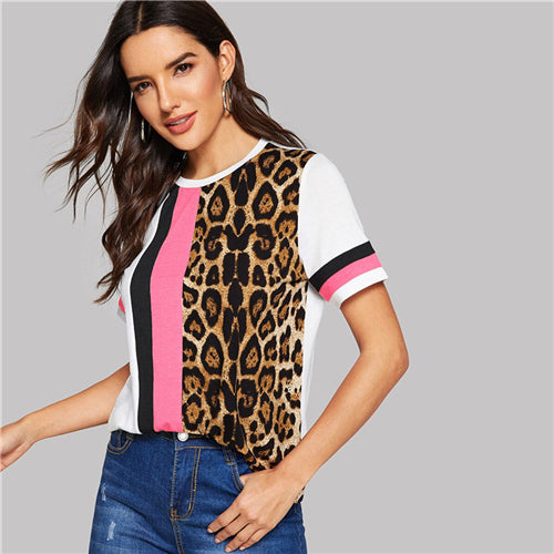 O-NECK LEOPARD STRIPED SHORT SLEEVE