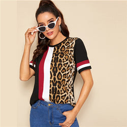 O-NECK LEOPARD STRIPED SHORT SLEEVE