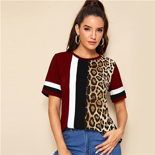 O-NECK LEOPARD STRIPED SHORT SLEEVE